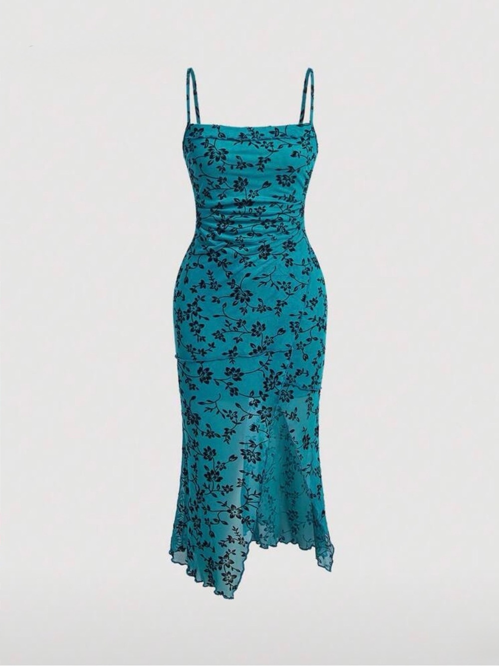 Teal Floral Slip Midi Dress with Spaghetti Straps and Asymmetric Hem